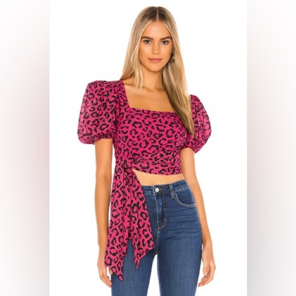Hemant & Nandita REVOLVE Rice Side Cascade Blouse Pink Cheetah Print Extra Small